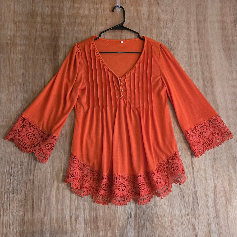 Boho Orange Crochet Lace Trim Pintuck Pleated V-Neck Blouse XL Cottagecore Boho